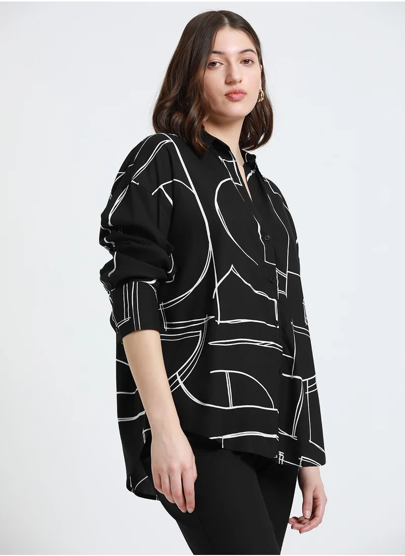 دينيس لينغو Black Relaxed Fit Printed Shirt for Women - Rayon, Full Sleeves, Shirt Collar, Casual