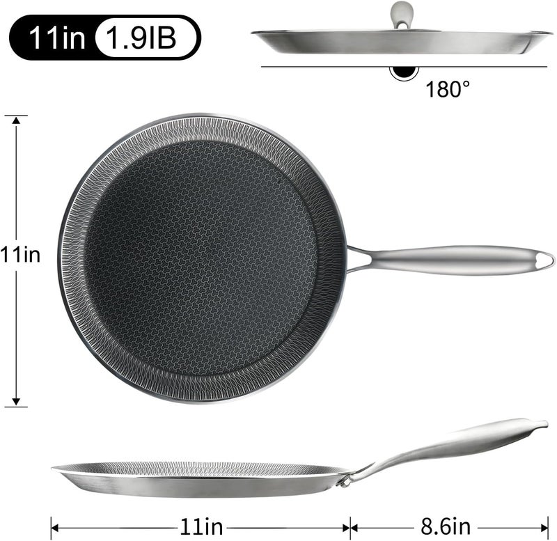 DCIGNA Nonstick Crepe Pan, 11Inch Stainless Steel Crepe Pan, Honeycomb Coating Flat Skillet Tawa Dosa Tortilla Omelet Griddle Pan, PFOA Free, Induction Compatible - Image 2