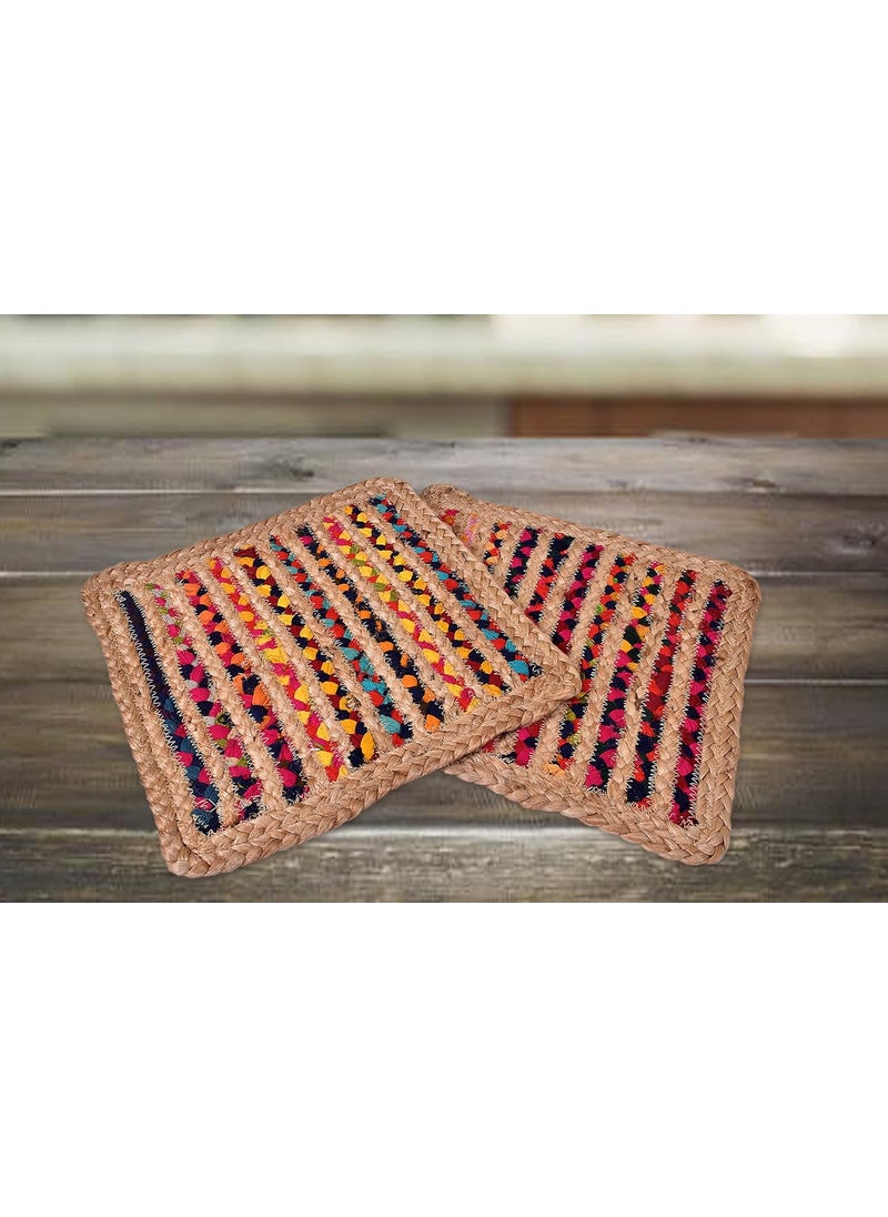 TSUKUYOMI TSUKUYOMI Pack of 4 Jute Rustic Vintage Place mat for Dining Table Bedside Table Tea Coaster Plate mat Decoration mat Square 30 cm Jute Chindi Patta 12x12 Sq  - Image 3