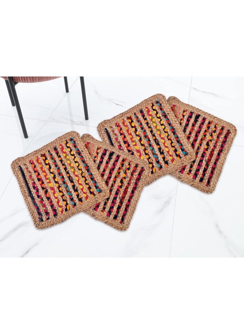 TSUKUYOMI TSUKUYOMI Pack of 4 Jute Rustic Vintage Place mat for Dining Table Bedside Table Tea Coaster Plate mat Decoration mat Square 30 cm Jute Chindi Patta 12x12 Sq  - Image 1