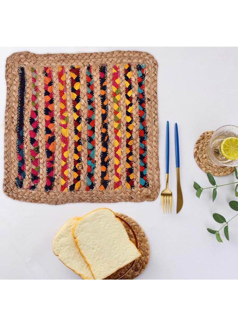 TSUKUYOMI TSUKUYOMI Pack of 4 Jute Rustic Vintage Place mat for Dining Table Bedside Table Tea Coaster Plate mat Decoration mat Square 30 cm Jute Chindi Patta 12x12 Sq  - Image 2