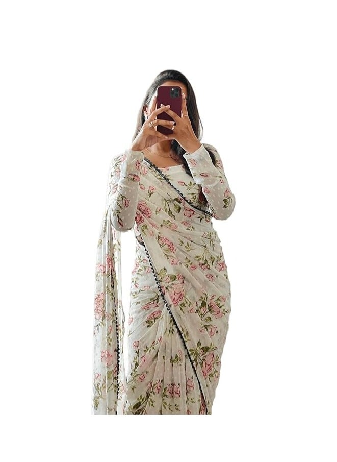Accessorize Kingdom - Women's Georgette Printed Ready To Wear one Minute Saree With Unstitched Blouse Piece (1000 Butty White_White_Free Size) - Image 1