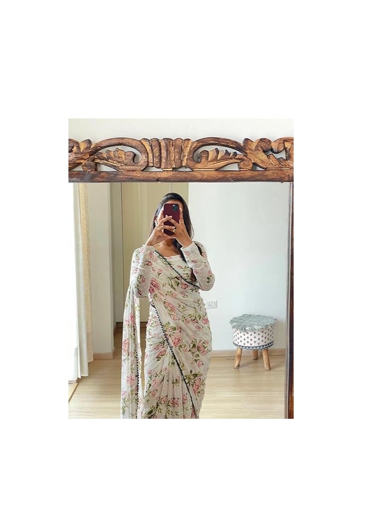 Accessorize Kingdom - Women's Georgette Printed Ready To Wear one Minute Saree With Unstitched Blouse Piece (1000 Butty White_White_Free Size) - Image 1
