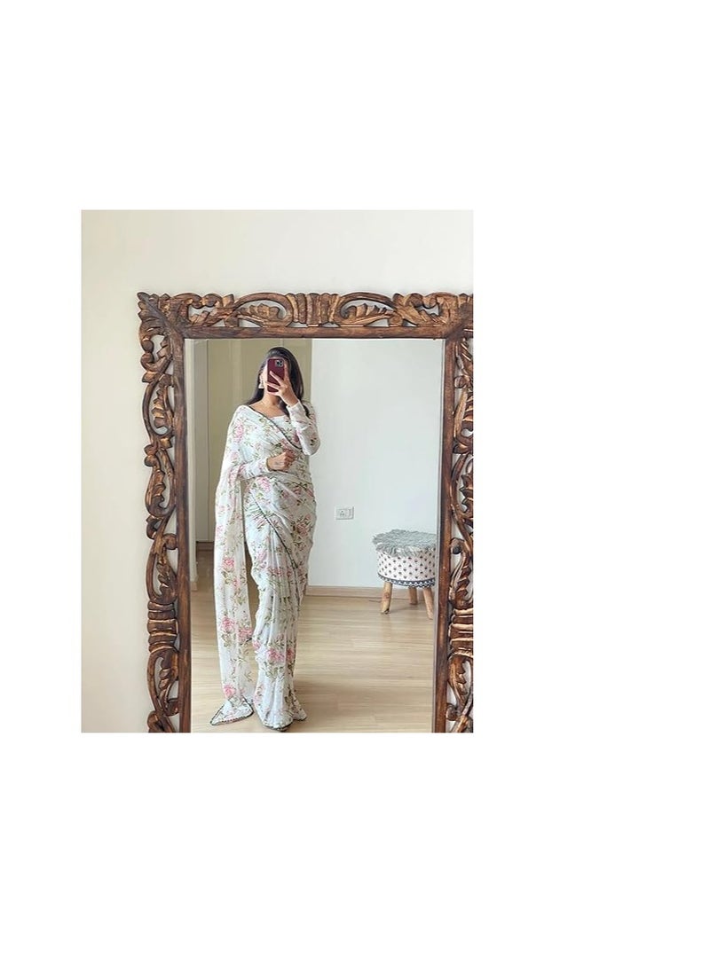 Accessorize Kingdom - Women's Georgette Printed Ready To Wear one Minute Saree With Unstitched Blouse Piece (1000 Butty White_White_Free Size) - Image 1