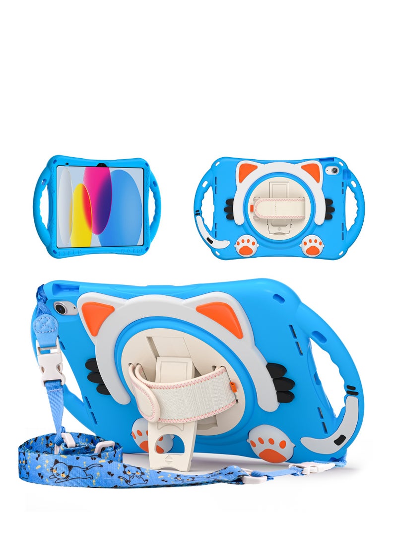 GULFLINK Cute Cat Kids Case with 360 Degree Rotatable Stand/Hand Strap+Shoulder Strap for ipad 10th 10.9 inch 2022（A2757/A2777）Light blue  - Image 1