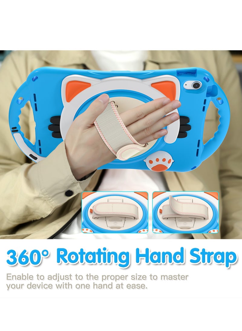 GULFLINK Cute Cat Kids Case with 360 Degree Rotatable Stand/Hand Strap+Shoulder Strap for ipad 10th 10.9 inch 2022（A2757/A2777）Light blue  - Image 4