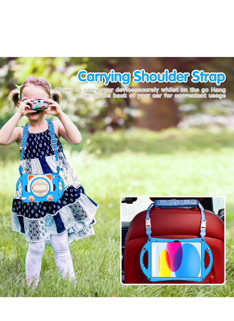 GULFLINK Cute Cat Kids Case with 360 Degree Rotatable Stand/Hand Strap+Shoulder Strap for ipad 10th 10.9 inch 2022（A2757/A2777）Light blue  - Image 5