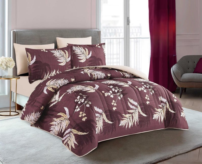Happymoon Floral Microfiber Comforter Bedding Set 6 Pieces Luxury Soft Comforter Set with Fitted Sheet & Pillow Shams, 250x230 cm Lightweight Breathable Snap Closure Bed Set