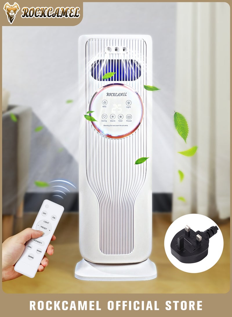 ROCKCAMEL مروحة برج 6 في 1 مع ريموت كونترول وشاشة لمس، تذبذب 180°， مرطب مدمج، تعقيم بالأشعة فوق البنفسجية، 3 مستويات ضباب قابلة للتعديل، تبريد وتدفئة للمنزل والمكتب (أبيض) - Image 1