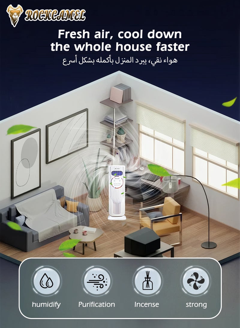 ROCKCAMEL مروحة برج 6 في 1 مع ريموت كونترول وشاشة لمس، تذبذب 180°， مرطب مدمج، تعقيم بالأشعة فوق البنفسجية، 3 مستويات ضباب قابلة للتعديل، تبريد وتدفئة للمنزل والمكتب (أبيض) - Image 4