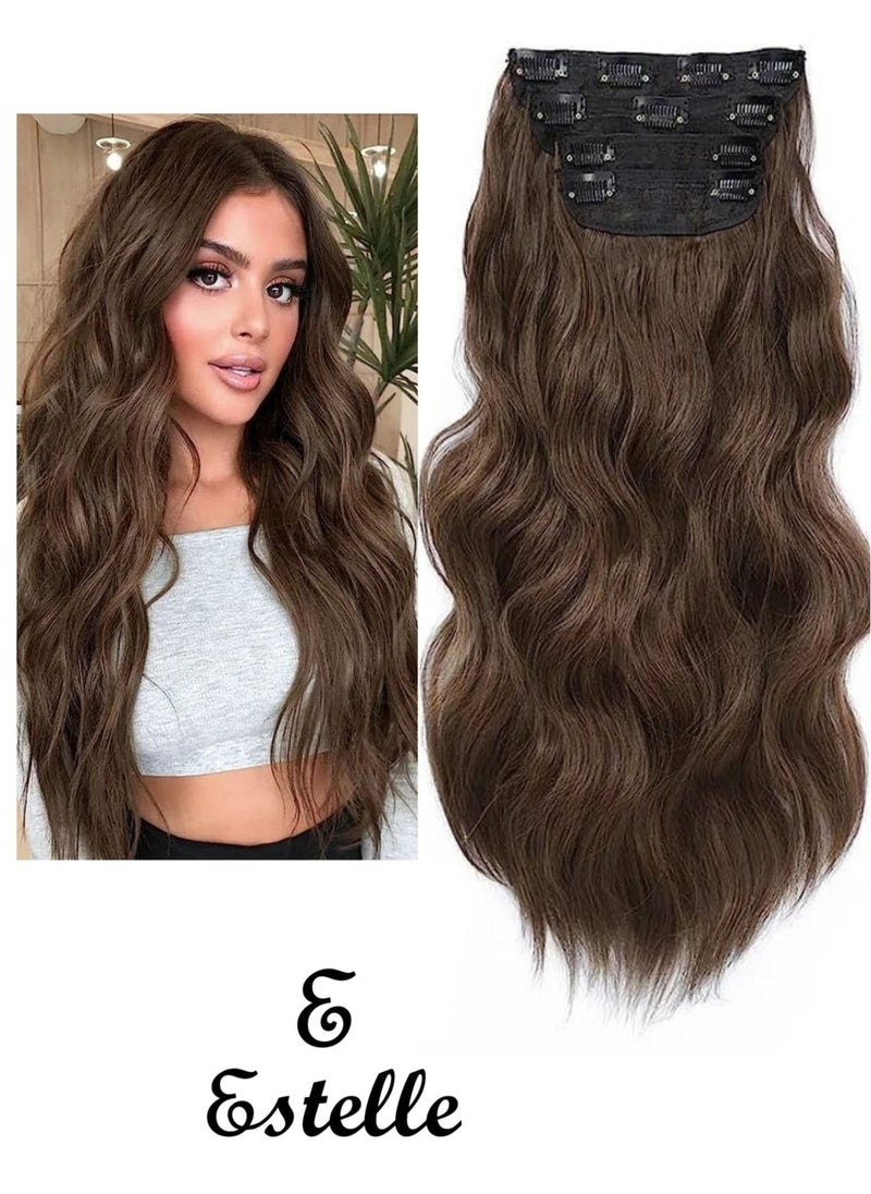 Estelle Clip in Hair Extensions for Women Fiber Hairpieces Thick Clip on Plastic Hair Extensions with Invisible Clips for lady 4 Pieces Medium Brown  - Image 1