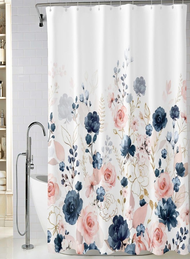 BIVINAR Navy Blue and Pink Floral Shower Curtain, Waterproof Fabric Watercolor Flowers Bathroom Shower Curtain with 12 Hooks, 72 x 72 Inch - Image 1