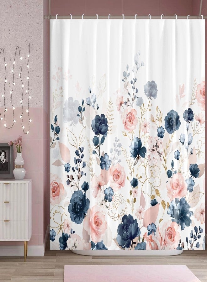 BIVINAR Navy Blue and Pink Floral Shower Curtain, Waterproof Fabric Watercolor Flowers Bathroom Shower Curtain with 12 Hooks, 72 x 72 Inch - Image 2