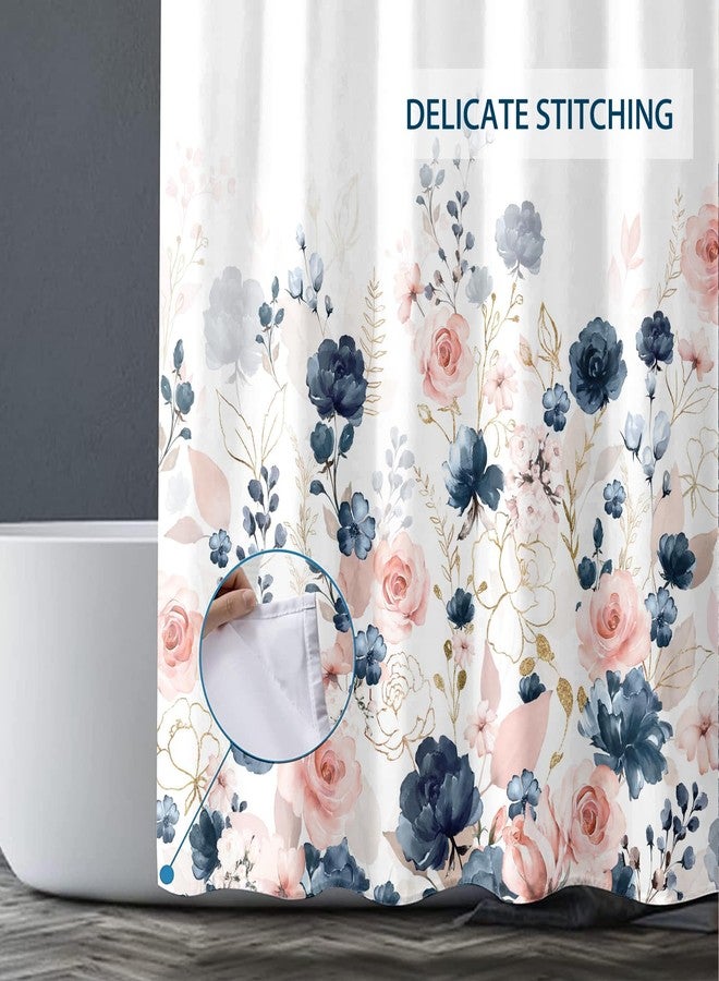 BIVINAR Navy Blue and Pink Floral Shower Curtain, Waterproof Fabric Watercolor Flowers Bathroom Shower Curtain with 12 Hooks, 72 x 72 Inch - Image 4