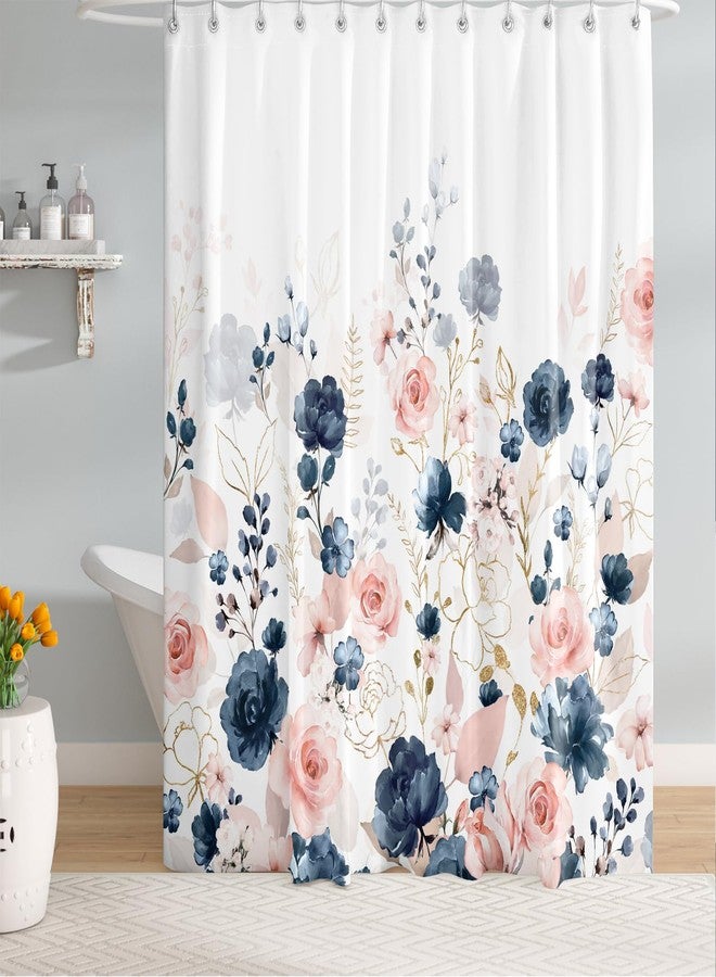 BIVINAR Navy Blue and Pink Floral Shower Curtain, Waterproof Fabric Watercolor Flowers Bathroom Shower Curtain with 12 Hooks, 72 x 72 Inch - Image 3