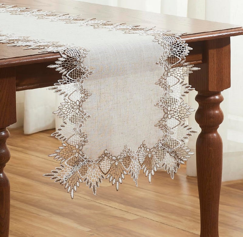 Raedan Natural Linen Table Runner 60 inches Neutral Earth Tones Beige Lace Handcrafted Coffee Table Runners Dresser Scarf for Spring Easter Summer Kitchen Wedding Party (Natural, 16”x60”) - Image 3