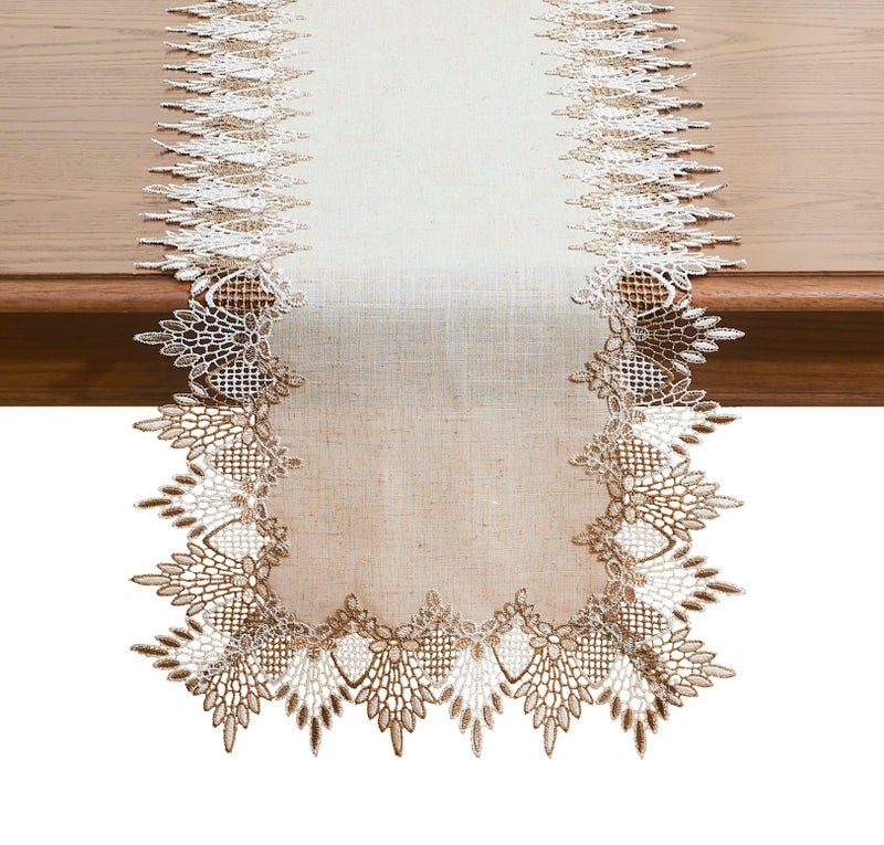 Raedan Natural Linen Table Runner 60 inches Neutral Earth Tones Beige Lace Handcrafted Coffee Table Runners Dresser Scarf for Spring Easter Summer Kitchen Wedding Party (Natural, 16”x60”) - Image 1