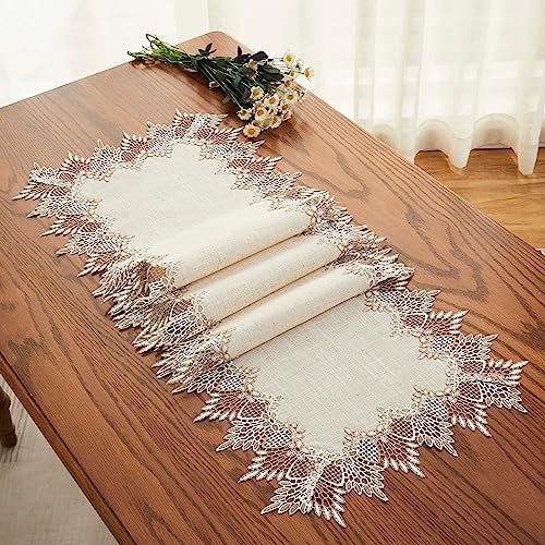 Raedan Natural Linen Table Runner 60 inches Neutral Earth Tones Beige Lace Handcrafted Coffee Table Runners Dresser Scarf for Spring Easter Summer Kitchen Wedding Party (Natural, 16”x60”) - Image 4