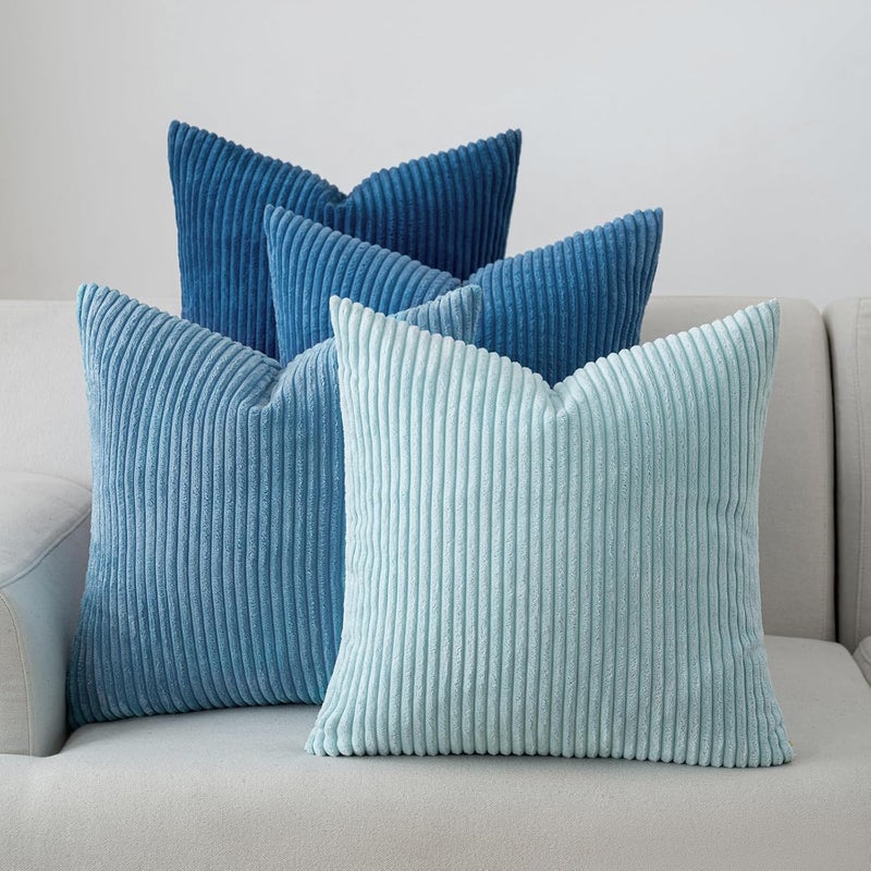 Volcanics Set of 4 Light Blue Corduroy Decorative Couch Throw Pillow Covers 18x18 Inch, Soft Modern Boho Striped Accent Cushion Cases for Beach, Patio, Balcony, Summer Gradient Shams Home Decor - Image 1