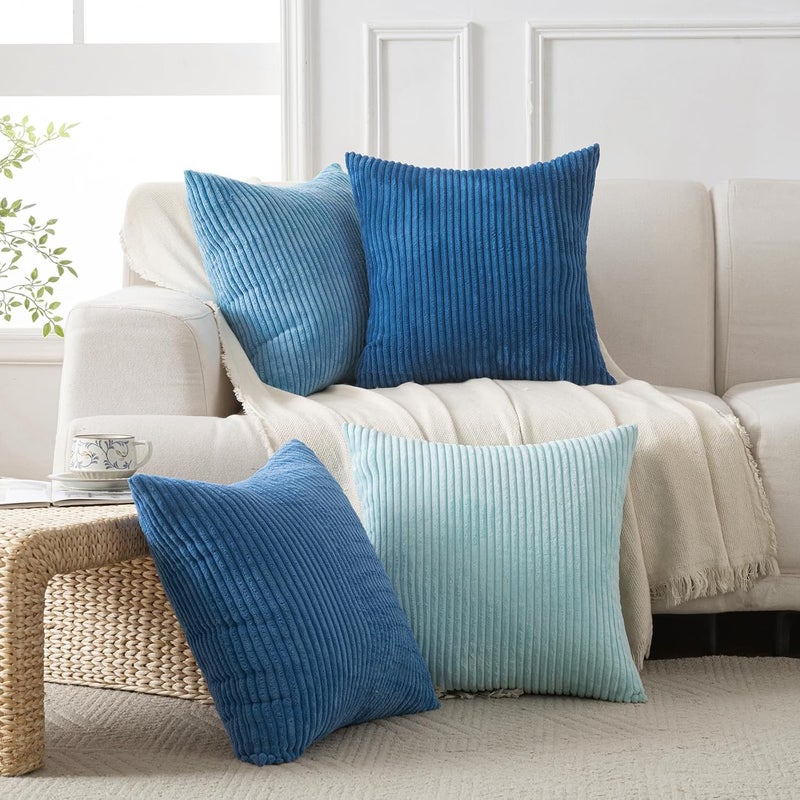 Volcanics Set of 4 Light Blue Corduroy Decorative Couch Throw Pillow Covers 18x18 Inch, Soft Modern Boho Striped Accent Cushion Cases for Beach, Patio, Balcony, Summer Gradient Shams Home Decor - Image 5