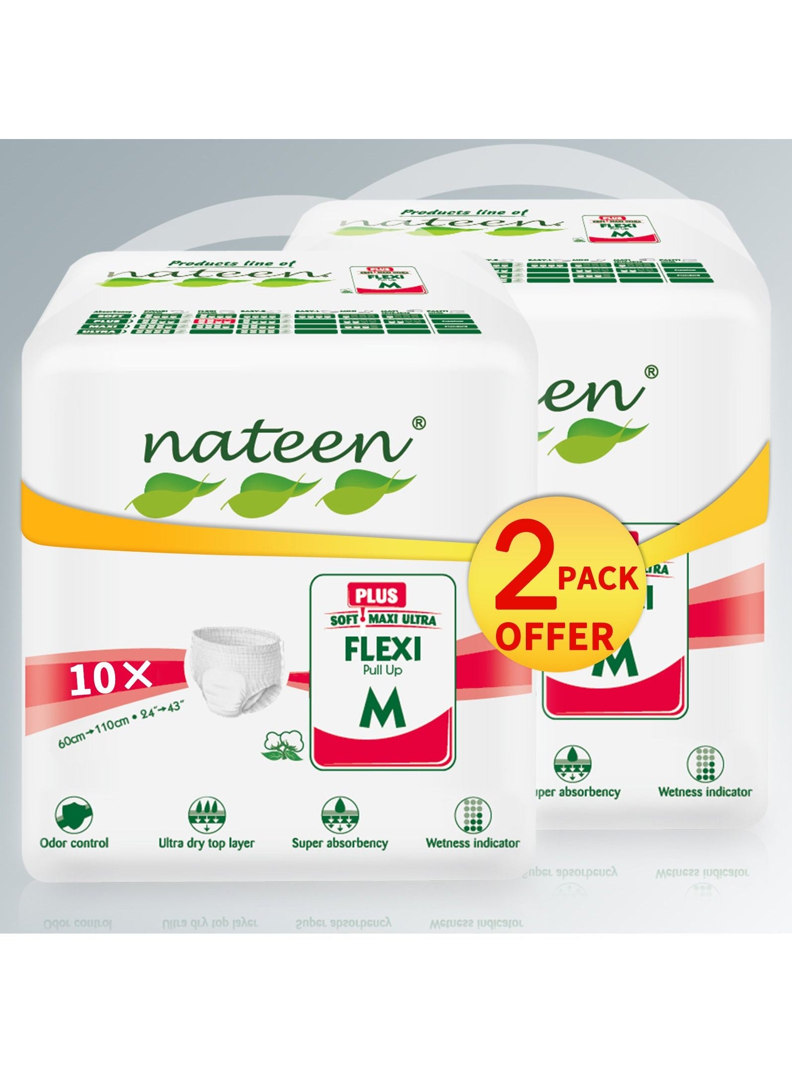 سروال حفاضات Nateen Flexi Plus للبالغين، سحب لأعلى، متوسط، مقاس الخصر 90-130 سم، 20 قطعة، راحة فائقة، مزيج ممتاز من الحماية. 