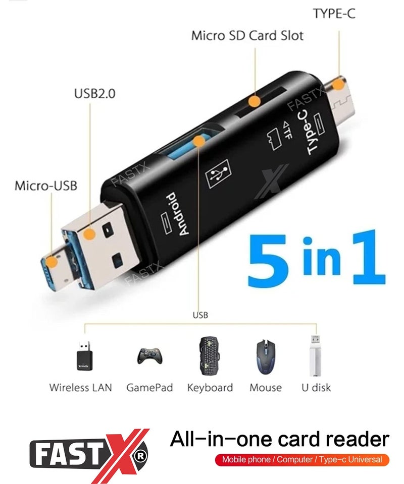 FASTX® Black 5 in 1 OTG Card Reader type c High Speed, Micro SD/TF Memory Card Reader (Type C + Micro USB 2.0 for Data Transfer) for Android Smart Phone, PC, Laptop, Mac-Book, Flash Drive/pendrive - Image 4