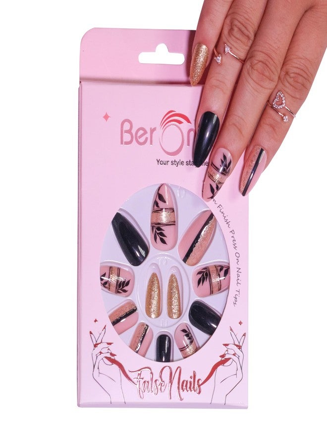 Beromt 12 Pcs Set of Gel Finish French False Nails Acrylic Full Fake Nail Tips with 12 Nail Glue Stickers Sheet- BFN351FN