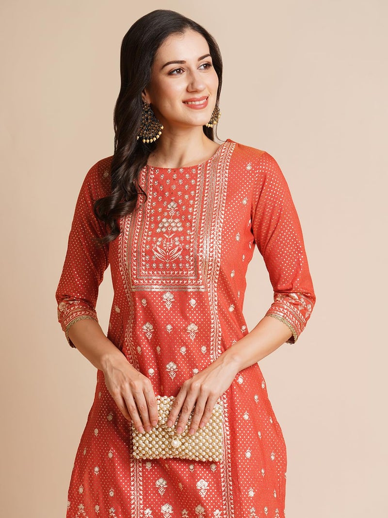 RATAN Women Art Silk Regular Gold Printed Straight Kurta|Kurti (EILA-145-Medium_Rust Orange) - Image 4