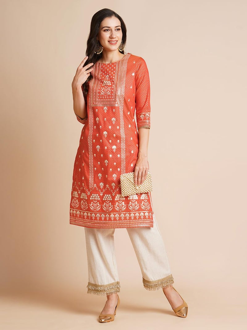 RATAN Women Art Silk Regular Gold Printed Straight Kurta|Kurti (EILA-145-Medium_Rust Orange) - Image 5