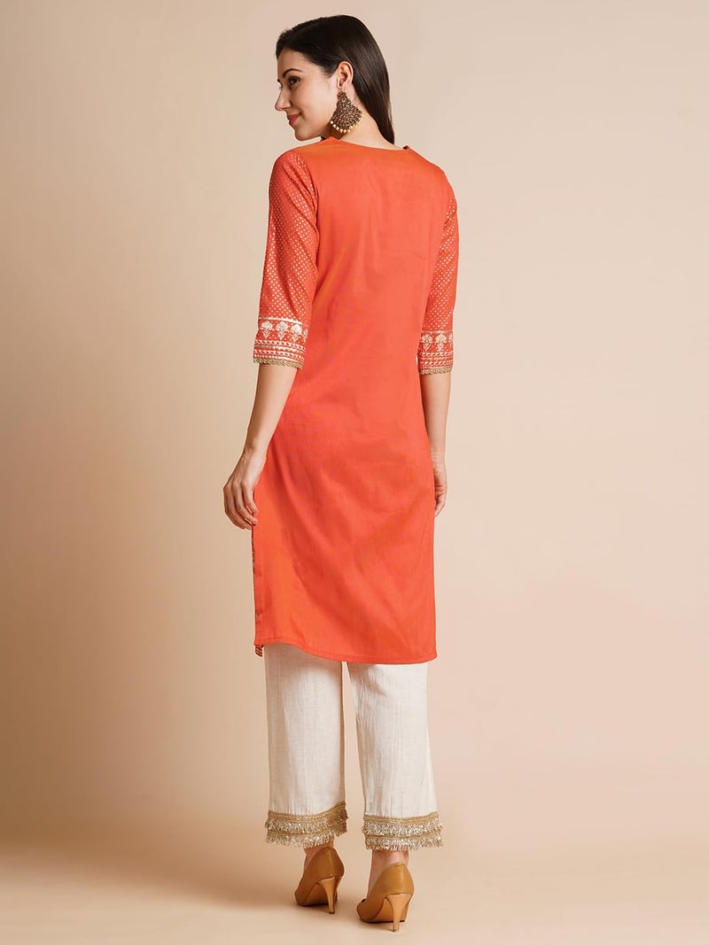 RATAN Women Art Silk Regular Gold Printed Straight Kurta|Kurti (EILA-145-Medium_Rust Orange) - Image 3