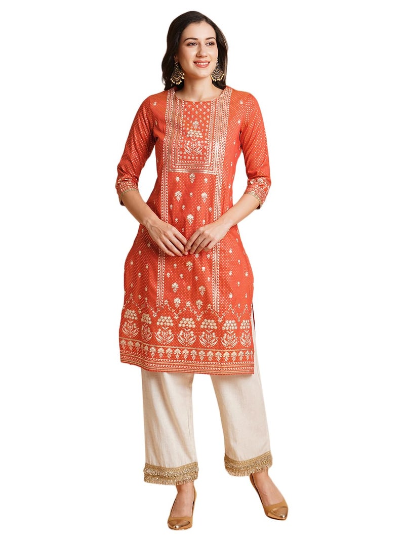 RATAN Women Art Silk Regular Gold Printed Straight Kurta|Kurti (EILA-145-Medium_Rust Orange) - Image 1