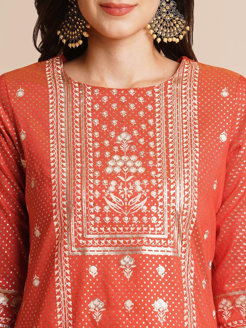 RATAN Women Art Silk Regular Gold Printed Straight Kurta|Kurti (EILA-145-Medium_Rust Orange) - Image 2