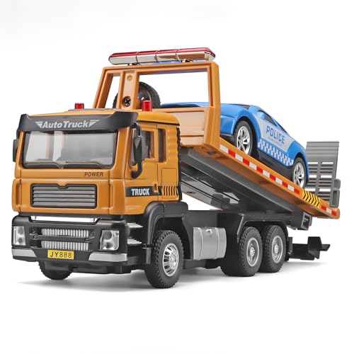 NOVAFUSION Tow Truck for Boys Metal Cab with Lights and Sounds Flatbed with Toy Car Ages 37 - Image 1