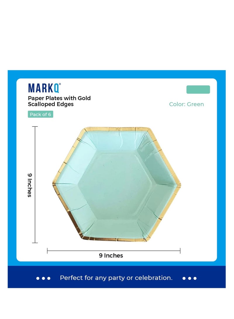 MARKQ أطباق ورقية للحفلات الخضراء، أطباق للاستعمال مرة واحدة مقاس 9 بوصات مع حواف صدفية من رقائق الذهب لحفلات الزفاف والنزهات وحفلات استقبال الأطفال وديكورات الذكرى السنوية ومستلزمات حفلات أعياد الميلاد [6 عبوات]  - Image 2