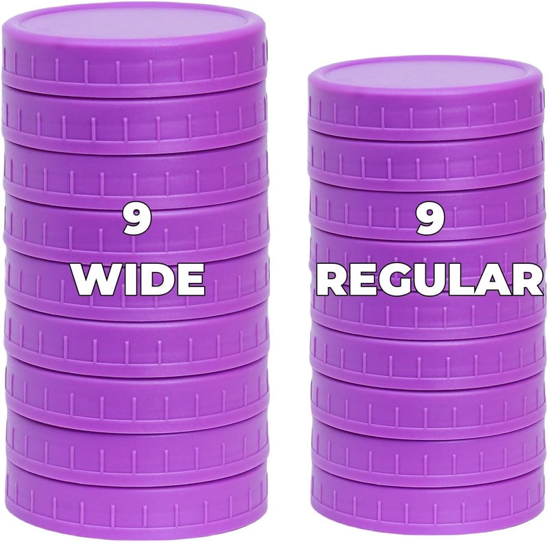 Bedgeta 18 Pack 9 Wide Mouth & 9 Regular Mouth Mason Jar Lids with Silicone Rings,Thickened Leak-proof Lids Fit Ball,Kerr and More, Violet Plastic Lids, 86mm & 70mm Plastic Mason Jar Lids(Purple) - Image 1