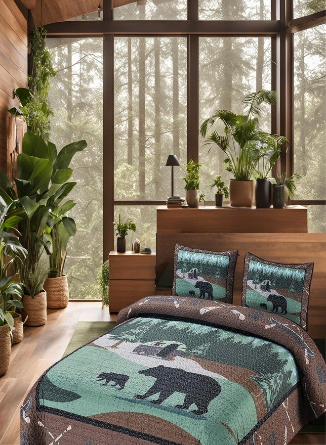 BestGiftEver لحاف BestGiftEver بحجم كوين بتصميم فريد مستوحى من حديقة دببة متنقلة، غطاء سرير مبطن بنمط كوخ ريفي، طقم مفروشات ريفي من 3 قطع مع لحاف كوين و2 غطاء وسادة لمحبي الطبيعة - Image 5
