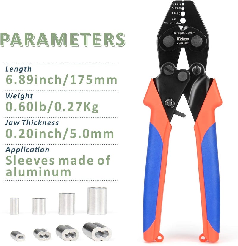 iCRIMP CWR1522 Wire Rope Tool Set for Cable Railing, Hand Swaging-Crimp&Cut-with 150pcs Aluminum Double Sleeves (CWR1522 Set) - Image 2
