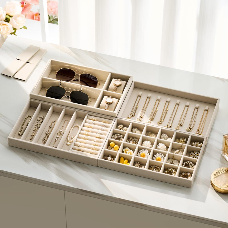 pickpiff Velvet Jewelry Drawer Organizer Trays â€“ Large Beige Stackable Jewelry Storage Inserts Set, 4-Layer Jewelry Tray Set for Earrings, Rings, Necklaces, Bracelets with Removable Dividers for Dresser,Vanity - Image 5