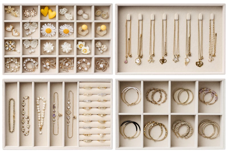 pickpiff Velvet Jewelry Drawer Organizer Trays â€“ Large Beige Stackable Jewelry Storage Inserts Set, 4-Layer Jewelry Tray Set for Earrings, Rings, Necklaces, Bracelets with Removable Dividers for Dresser,Vanity - Image 1