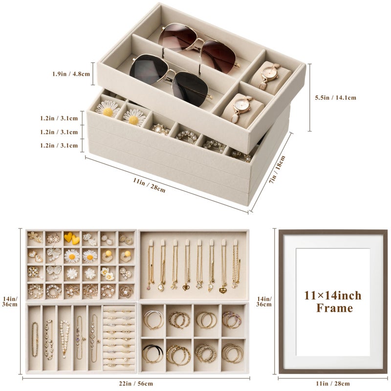 pickpiff Velvet Jewelry Drawer Organizer Trays â€“ Large Beige Stackable Jewelry Storage Inserts Set, 4-Layer Jewelry Tray Set for Earrings, Rings, Necklaces, Bracelets with Removable Dividers for Dresser,Vanity - Image 2