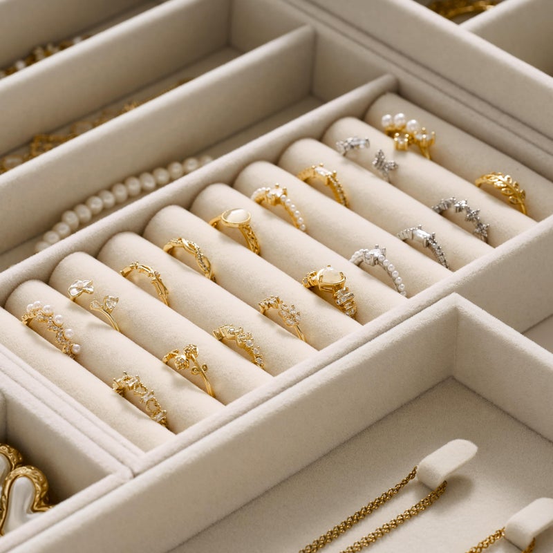 pickpiff Velvet Jewelry Drawer Organizer Trays â€“ Large Beige Stackable Jewelry Storage Inserts Set, 4-Layer Jewelry Tray Set for Earrings, Rings, Necklaces, Bracelets with Removable Dividers for Dresser,Vanity - Image 4