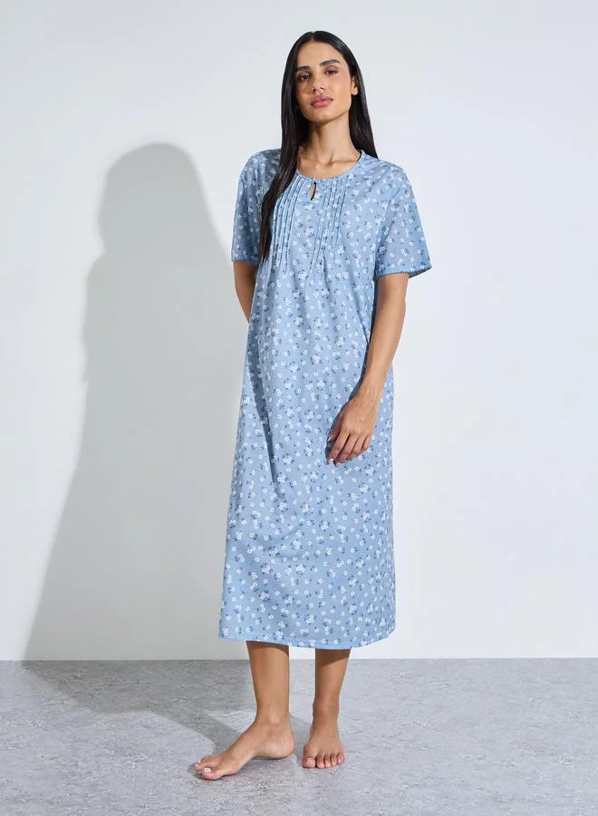 Styli Blue All Over Floral Print Pleated Details Sleep T-Shirt Nightdress