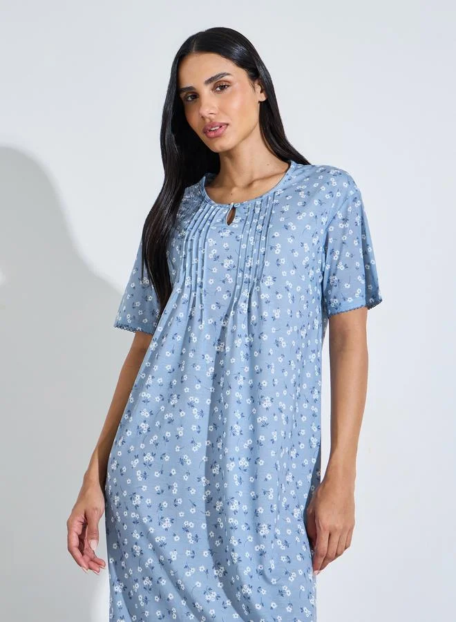 Styli Blue All Over Floral Print Pleated Details Sleep T-Shirt Nightdress