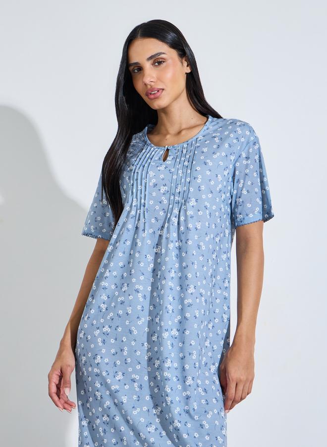 Styli Blue All Over Floral Print Pleated Details Sleep T-Shirt Nightdress - Image 2