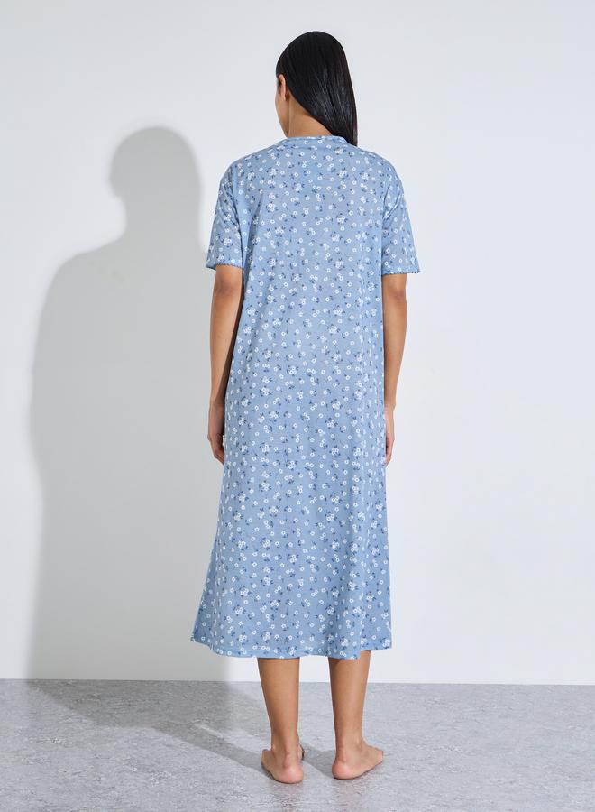 Styli Blue All Over Floral Print Pleated Details Sleep T-Shirt Nightdress - Image 4