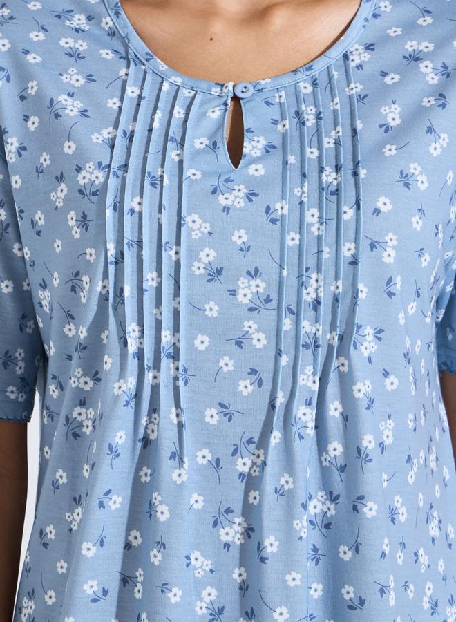 Styli Blue All Over Floral Print Pleated Details Sleep T-Shirt Nightdress - Image 3