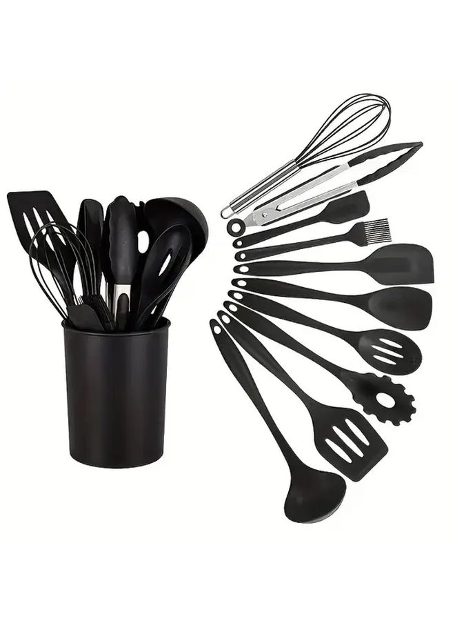 Red 11 Piece Silicone Kitchen Utensil Set With Bucket Non Stick Cooking Tools - Image 1