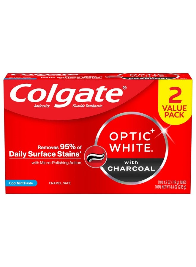كولجيت معجون أسنان كولجيت أوبتيك وايت لتبييض الأسنان بالفحم، بنكهة النعناع المنعش، آمن على مينا الأسنان مع الفلورايد، عبوتان من أنابيب سعة 4.2 أونصة