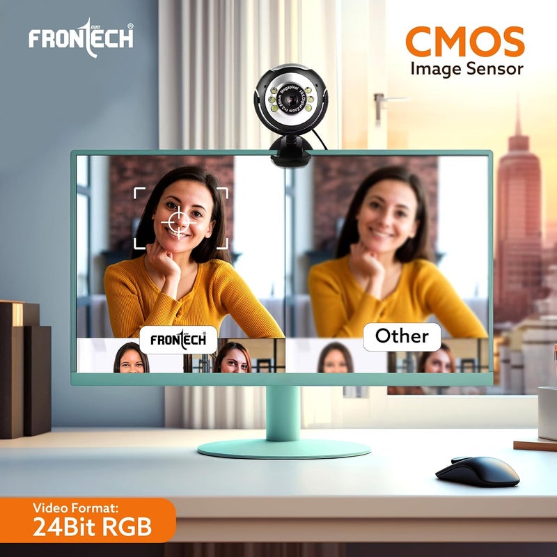FRONTECH Digital Webcam with Built-in Mic & LED Lights, 30 FPS, Plug and Play USB Interface, Auto White Balance, for Video Calling, Live Streaming, Online Classes, Laptop/PC/TV (2251, Black) - Image 3