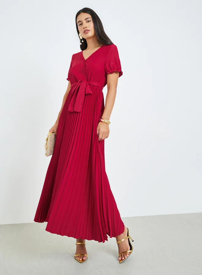 Red Pleated A-Line Maxi Dress with Tie Up Belt